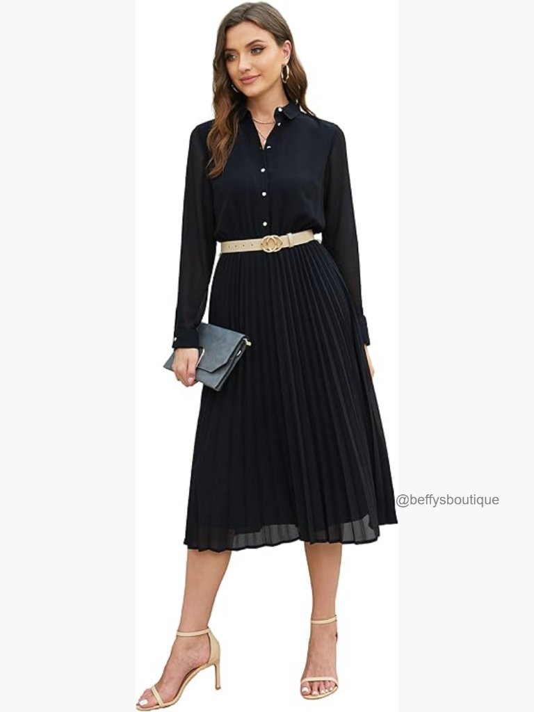 Long Sleeve Pleated Midi Shirt Dress With Belt For Women